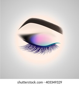 Eye makeup. Closed eye with long eyelashes. Vector illustration.