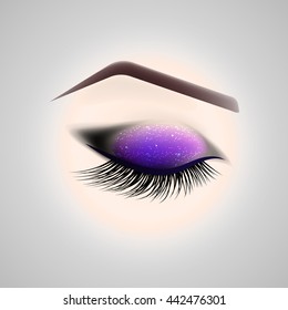 Eye makeup. Closed eye with long eyelashes. Vector illustration.