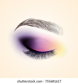 Eye makeup. Closed eye with long eyelashes. Vector illustration.