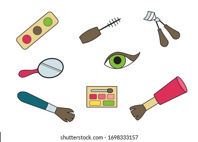 Eye makeup doodle icons. Vector illustration. Mascara, shadows mirror brush