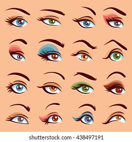 Iconos decorativos planos de maquillaje ocular con un conjunto de ilustraciones vectoriales aisladas