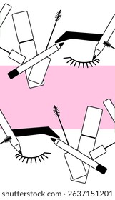 Eye makeup mascara tools seamless border horizontal frame template. Vector graphic line illustration. Black and white cosmetic makeup art. Banner, poster, wrapping paper, sticker, print.

