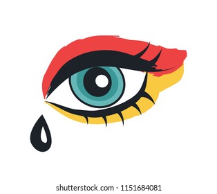 Eye with makeup rock theme flat vector illustration in cartoon style. Punk patch isolated on white background image for musical material decoration.