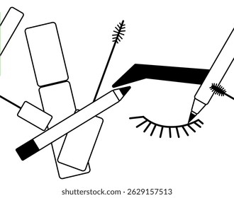 Eye makeup Seamless horizontal border. Vector graphic line illustration. Black and white cute cosmetic makeup art. Banner, poster, wrapping paper, sticker, print, modern textile design.
