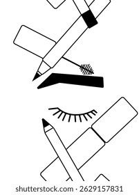 Eye makeup Seamless Vertical border. Vector graphic line illustration. Black and white cute cosmetic makeup art. Banner, poster, wrapping paper, sticker, print, modern textile design.
