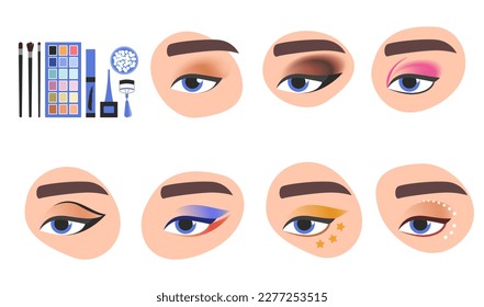 Eye makeup set vector illustration. Cartoon artist tutorials, accessories and cosmetic products collection with different glamour eyeshadow, mascara and eyeliner techniques, fashion style and colors