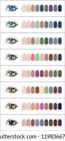 Eye makeup. Shades of eye shadow combined with eye color. Eye colors: blue, green, brown.