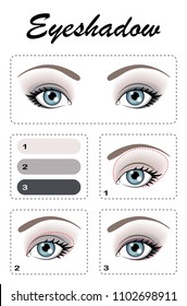 Eye makeup. Step by step, the eyeshadow is applied. Eye color: light blue. Option 2