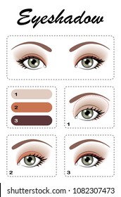 Eye makeup. Step by step, the eye shadow is applied. Eye color is green.