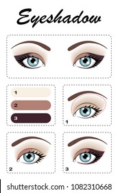 Eye makeup. Step by step, the eye shadow is applied. Eye color: light blue.