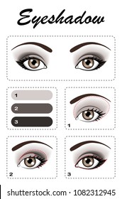 Eye makeup. Step by step, the eye shadow is applied. Eye color: light brown.