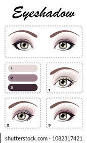 Eye makeup. Step by step, the eye shadow is applied. Eye color is greenish brown.