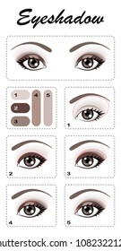 Eye makeup. Step by step, the eye shadow is applied. Eye color is dark brown.