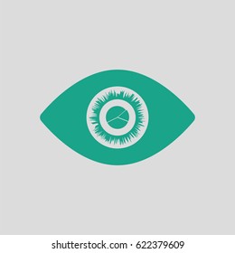 Eye with market chart inside pupil icon. Gray background with green. Vector illustration.