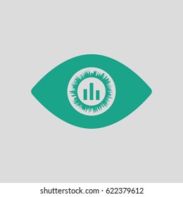 Eye with market chart inside pupil icon. Gray background with green. Vector illustration.