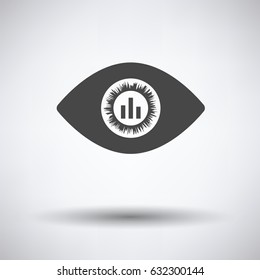Eye with market chart inside pupil icon on gray background, round shadow. Vector illustration.