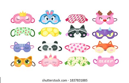 Eye mask sleeping night. Sleep masks different shapes, eye protection accessories, prevention of healthy sleep. Masks in form of cat, unicorn, raccoon, fox, bunny, for New Year cartoon vector