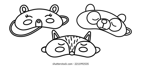 Eye mask vector doodle sleeping night accessory relax rest in traveling illustration set of face sleepy protection cartoon asleep beer, fox and panda.