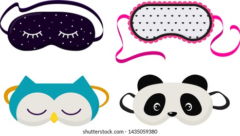 Eye mask vector sleeping night accessory relax resst in traveling illustration set of face sleepy protection cartoon asleep panda cat isolated on white background