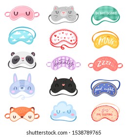 Eye mask vector sleeping night accessory blindfold relax in traveling illustration nighty set of face sleepy protection cartoon asleep panda cat isolated on white background.