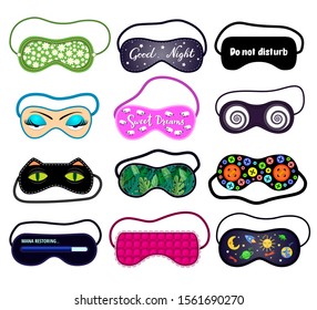 Eye mask vector sleeping night kids accessory to relax on vacation illustration set of face sleepy protection cartoon asleep cat eyes dreams isolated on white background