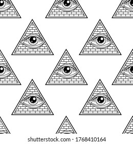 Eye. Masonic symbol. Seamless pattern. The all-seeing eye inside the triangular pyramid. New world order. Sacred geometry, religion, spirituality, occultism. Vector image.