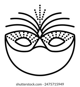 Eye masquerade mask with feathers and a rubber band, vector black line icon, editable stroke, pixel perfect illustration