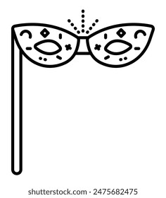 Eye masquerade mask in memphis style with a stick, vector black line icon, editable stroke, simple pixel perfect illustration