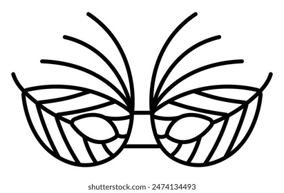 Eye masquerade mask in shape of leaves and with feathers, vector black line icon, editable stroke, simple pixel perfect illustration, experimental art