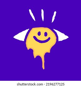 Eye with melted smile emoji face cartoon, illustration for t-shirt, sticker, or apparel merchandise. With modern pop and retro style.