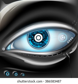 Eye of metal robot. Futuristic interface. Stock vector illustration.