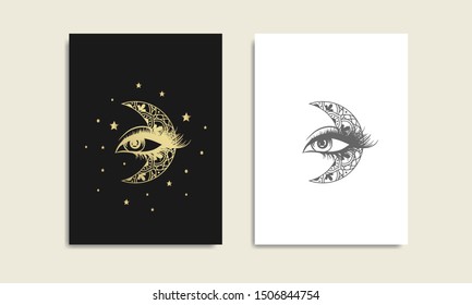 Eye And Moon Gold Logo, Magical,  Spiritual Guidance Tarot Reader Colorful Gradient Design. Illustration.