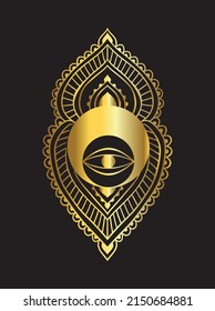 Eye and Moon Gold Mystical Icon. Vector Illustration. Minimal Line art Style. Boho, Esoteric. Mandala Logo Designs.