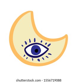 Eye in moon hand drawn vector illustration in cartoon comic style yellow blue lashes