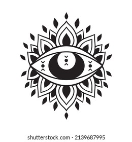 Eye and Moon Mystical Icon. Vector Illustration. Minimal Line art Style. Boho, Esoteric. Bohemian Logo Designs.Mandala