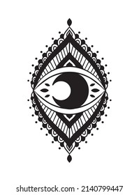 Eye and Moon Mystical Icon. Vector Illustration. Minimal Line art Style. Mandala, Boho, Esoteric. Bohemian Logo Designs.