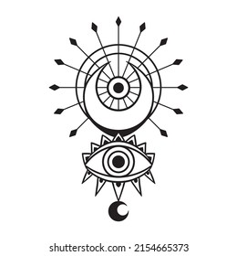 Eye and Moon Mystical Icon. Vector Illustration. Minimal Line art Style. Boho, Esoteric. Bohemian Logo Designs.