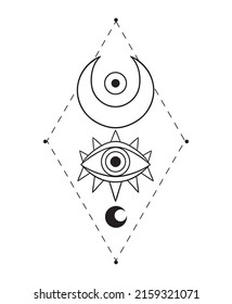 Eye and Moon Mystical Icon. Vector Illustration. Minimal Line art Style. Boho, Esoteric. Bohemian Logo Designs.
