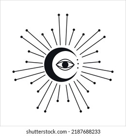 Eye and Moon Mystical Icon. Vector Illustration. Minimal Line art Style. Boho, Esoteric. Bohemian Logo Designs.