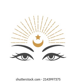 Bruja de luna de ojos al estilo boho. Ilustración Gold Vector para diseño de decoración. Arte de la línea mística. Vector de la luna. El arte del tatuaje de Boho. El concepto de la naturaleza.