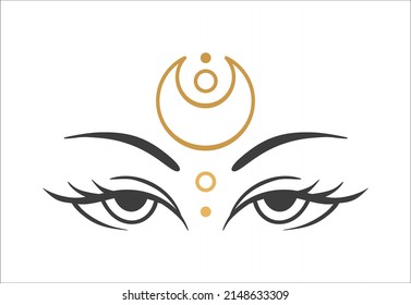 Eye moon witch in boho style. Gold Vector illustration for decoration design. Mystical Line art. Moon vector. Boho tattoo art. Nature concept.