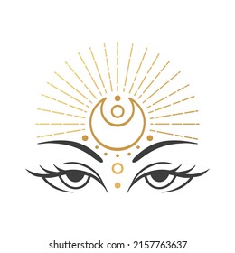 Eye moon witch in boho style. Gold Vector illustration for decoration design. Mystical Line art. Moon vector. Boho tattoo art. Nature concept.