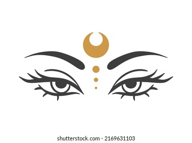 Eye moon witch in boho style. Gold Vector illustration for decoration design. Mystical Line art. Moon vector. Boho tattoo art. Nature concept.