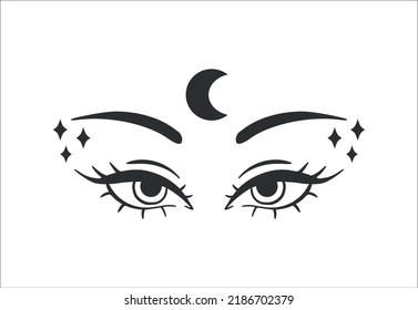 Eye moon witch in boho style. Vector illustration for decoration design. Mystical Line art. Moon vector. Boho tattoo art. Nature concept.