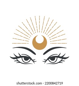 Eye moon witch in boho style. Gold Vector illustration for decoration design. Mystical Line art. Moon vector. Boho tattoo art. Nature concept.