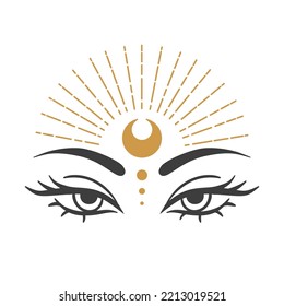 Eye moon witch in boho style. Gold Vector illustration for decoration design. Mystical Line art. Moon vector. Boho tattoo art. Nature concept.
