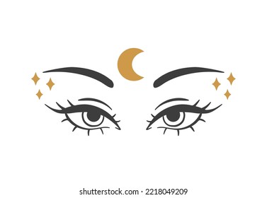 Eye moon witch in boho style. Gold Vector illustration for decoration design. Mystical Line art. Moon vector. Boho tattoo art. Nature concept.