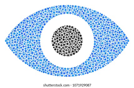 Eye mosaic of round dots in different sizes and color hues. Circle elements are grouped into eye vector composition. Dotted vector illustration.