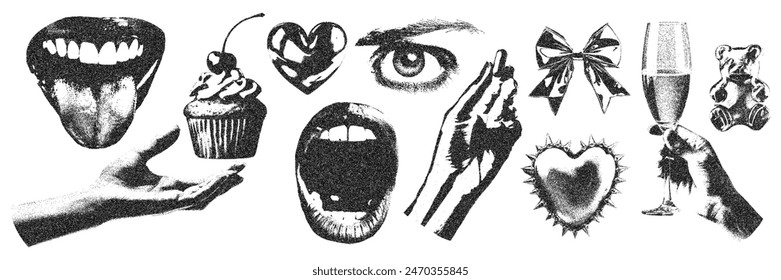 Eye, mouth, hand, heart, gummy bear with halftone stipple effect, for grunge punk y2k collage design. Pop art style dotted crazy elements. Vector illustration for vintage emo gothic banner, music