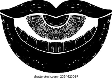 Eye in mouth. Illustration in linocut style. Vector texture element for design